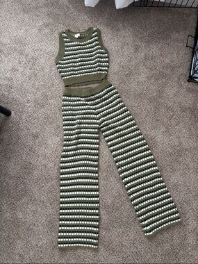 Le Lis Olive and White Striped Knit Wide-Leg Pants